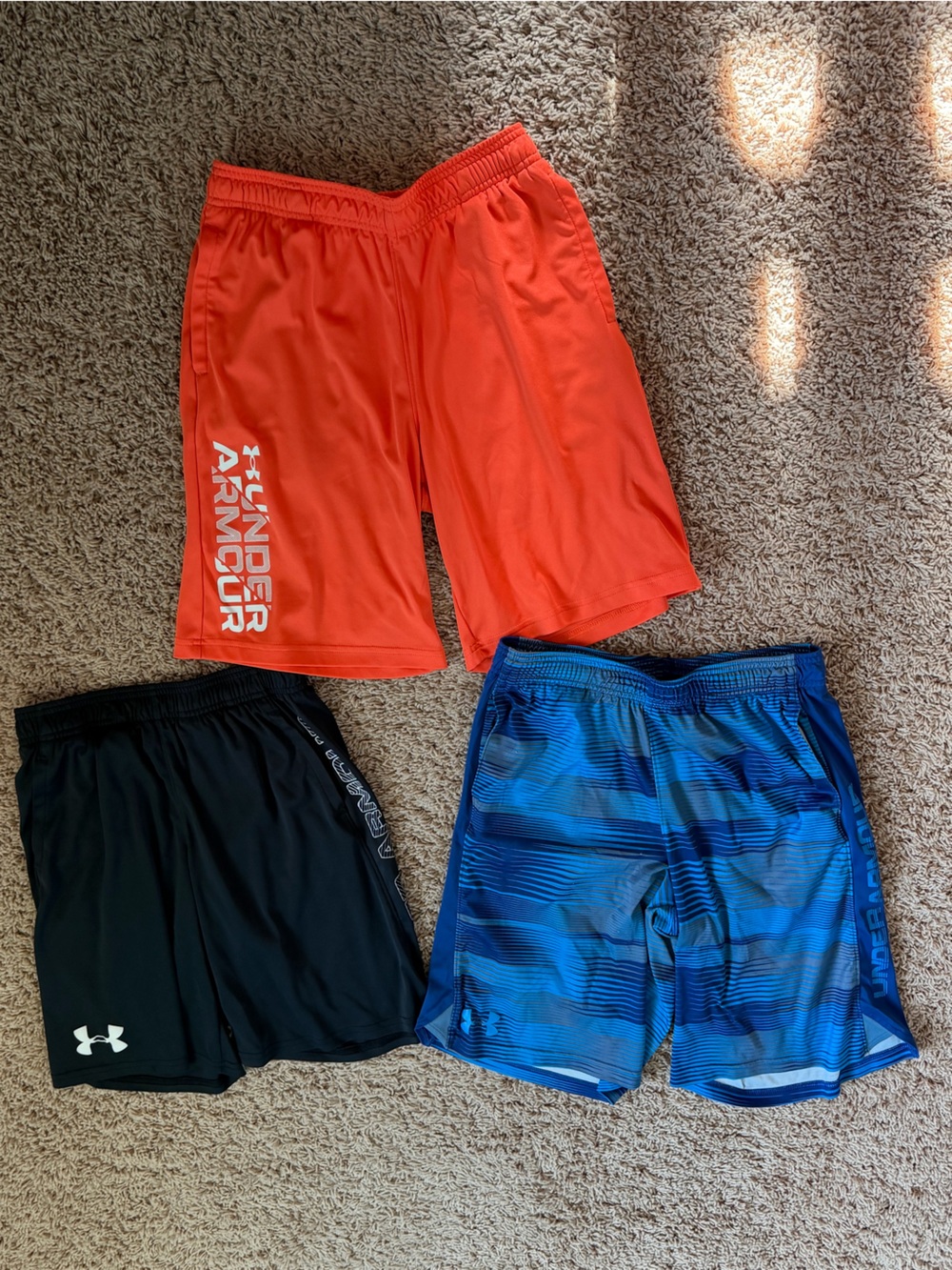 Boys Under Armour Athletic Shorts — Orange, Black & Blue Set • Size L